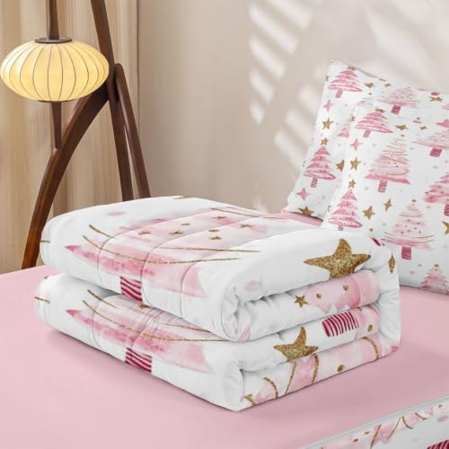 Pink Christmas Tree Comforter Set Twin with Zipper Bedding - Feelyou Pink Gold Variation