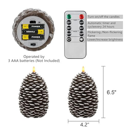 Silver Large Pine Cone Candles Battery Operated Flameless Flickering with Remote