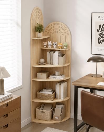 6-Tier Corner Shelf - Arched Display Bookcase in Oak Finish