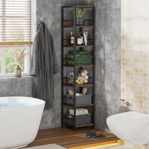75-Inch Tall Corner Shelf with 6 Shelves Rustic Brown Narrow Bookcase