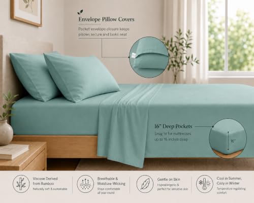 MRIDU Bamboo Viscose Bed Sheet Set - Queen, Serene Lagoon, 4-Piece