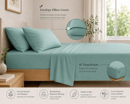 MRIDU Bamboo Viscose Bed Sheet Set - Queen, Serene Lagoon, 4-Piece