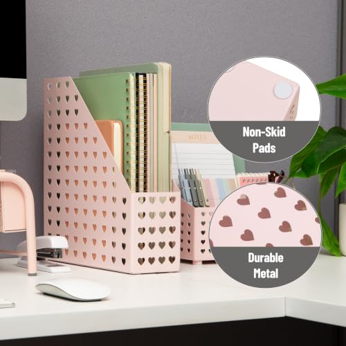 Pink Metal Vertical File Holder with Heart Cutout - Desktop Organizer