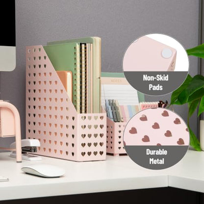 Pink Metal Vertical File Holder with Heart Cutout - Desktop Organizer