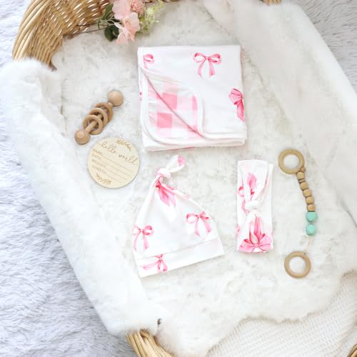 Baby Girl Swaddle Blanket Set with Headband and Beanie - Pink Bows, 30x30 Inches, Soft & Stretchy Newborn Receiving Set