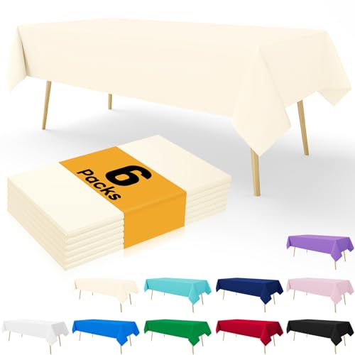 smiry Disposable Table Cloth 6 Pack, 54 x 108 Inch Table Cloths for Parties, Decorative Tablecloths for Rectangle Tables, Waterproof Plastic Table Cover, Leakproof & Sturdy, Beige