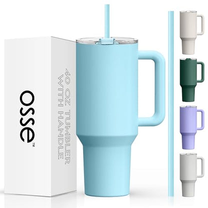 osse 40oz Tumbler with Handle and Straw Lid | Double Wall Vacuum Reusable Stainless Steel Insulated Water Bottle Travel Mug Cup | Modern Insulated Tumblers Cupholder Friendly (Dew)