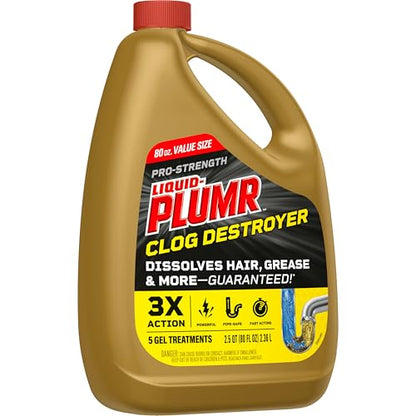 Clorox Liquid-Plumr Pro-Strength Clog Destroyer, Liquid Drain Cleaner, 80 Fluid Ounces (Package May Vary)