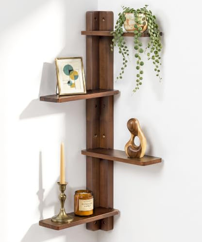 SUMGAR Walnut 4-Tier Corner Floating Shelves - Left or Right Layout, MCM Style