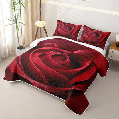 Red Black Queen Quilt Set with Rose Print & Pillowcases - Romantic Flower Bedding