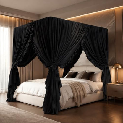 King Size Black Canopy Bed Curtains - Lightproof Privacy Bedroom Decor with 4 Openings - Pack of 4