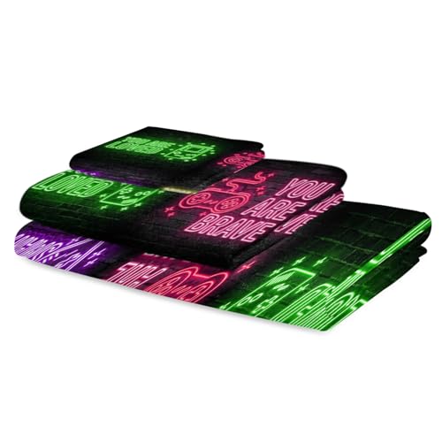 Green Pink Video Game Bath Towels Set of 3 - Soft Absorbent Quick Dry Gaming Icons