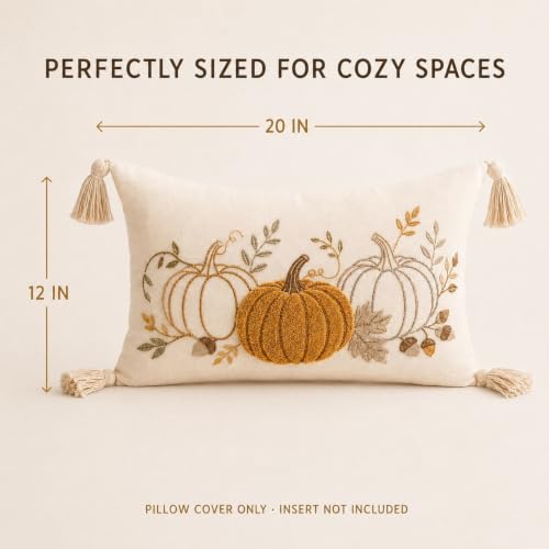 Berchaoki Embroidered Fall Lumbar Pillow Cover 12x20 Inches - Neutral Pumpkin Decor