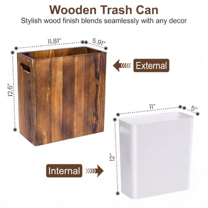 Small Wooden Trash Can with Liner - Acacia 3 Gallon Waste Basket for Small Spaces