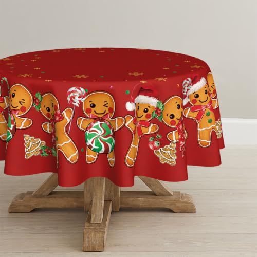 Christmas Tablecloth 90x90 Inch Round Red Cartoon Gingerbread Stars Washable Party Decor