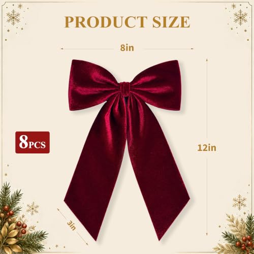 Burgundy Velvet Christmas Bows for Tree & Wreath Decor - 8 Pack, 3-Inch Wide