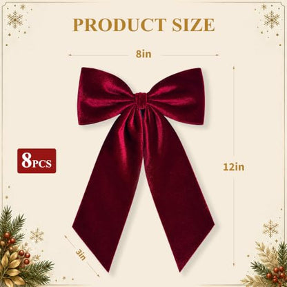Burgundy Velvet Christmas Bows for Tree & Wreath Decor - 8 Pack, 3-Inch Wide