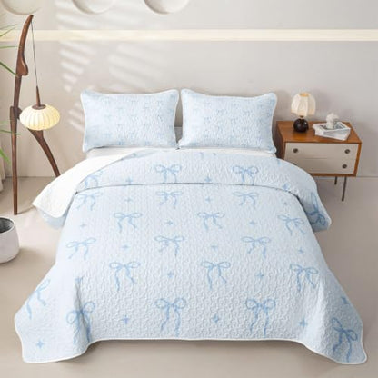 Castle Fairy Coquette Bows Twin Quilt Coverlet Set - White Light Blue, 2 Pieces