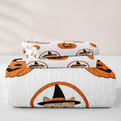 Feelyou Halloween Quilt Bedspread for Kids Girls & Boys Queen Size - Cream White & Tangerine Orange Bedding Set