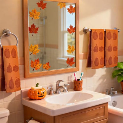 Fall Pumpkin Hand Towels Set - Rust Cotton Jacquard Kitchen & Bathroom Decor