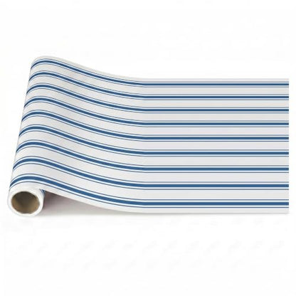 Blue and White Disposable Paper Table Runner Roll 25ft x 16in - Narrow Stripes