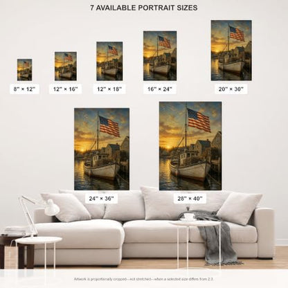 Vintage Patriotic Wall Art - Maine Fishing Boat with American Flag, 16x24 Inches - Wrapped Canvas