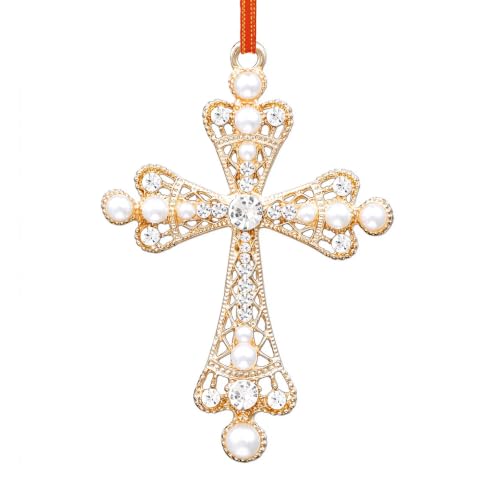 Cross2 Christian Christmas Metal Ornament with Rhinestones - Holiday Keepsake, Red Ribbon Gift Box