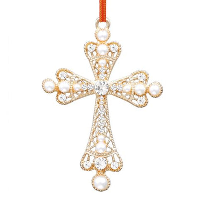 Cross2 Christian Christmas Metal Ornament with Rhinestones - Holiday Keepsake, Red Ribbon Gift Box