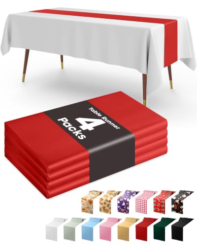 Pureegg Red Plastic Table Runners - 4 Pack, 14" x 108", Water Resistant & Disposable