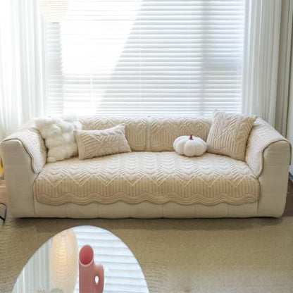 Khaki Plush Washable Couch Cover for Sofa 36x83 Inches, Geometric Jacquard Slipcover, Non-Slip Furniture Protector for Kids & Pets - 1PC