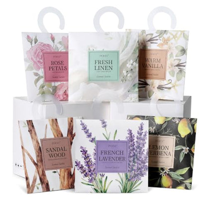12 Pack Scented Sachets Assorted Fragrances for Small Spaces - Lavender, Vanilla, Lemon, Rose, Sandalwood, Linen - Double-Layer Leakproof Design