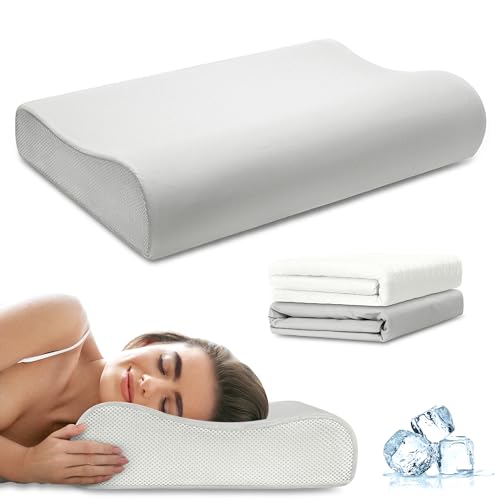 urnexttour Contour Memory Foam Pillows for Sleeping, Cervical Pillow Standard Size for Neck Pain Relief, Bed Pillow with Two pillowcase Neck Support for Side Back Stomach Sleepers Standard White&Blue