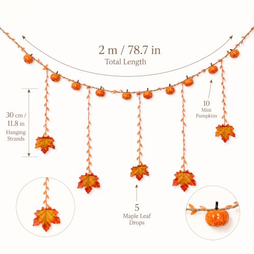 Fall Pumpkin Garland with Hanging Maple Leaves - 6.6 FT Decorative Autumn Decor