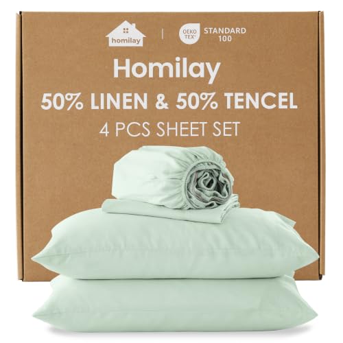 King Size French Linen Blend Sheets with Austria Tencel - Sage Green, Skin-Friendly, Deep Pocket fitted set