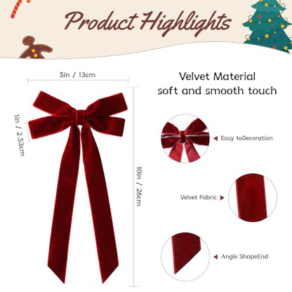 16PCS Burgundy Velvet Christmas Bows for Tree & Holiday Decor