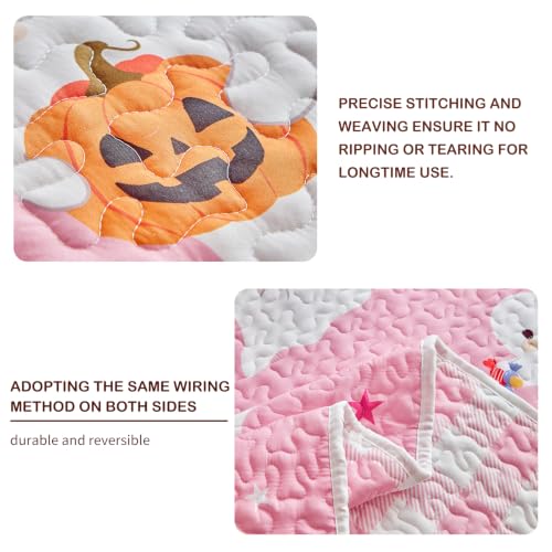 Halloween Ghost Quilt Set Queen - Pink & White Bedspread Coverlet 3-Piece