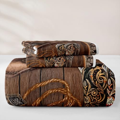 Western Cowboy Quilt Set Queen with Boots Hat Horseshoe Design - Grey Brown