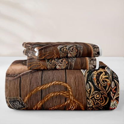 Western Cowboy Quilt Set Queen with Boots Hat Horseshoe Design - Grey Brown