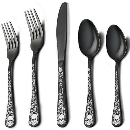 Skull Silverware Set for 8 - 40-Piece Gothic Flatware Cutlery, Halloween Party Decor