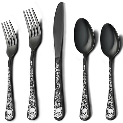 Skull Silverware Set for 8 - 40-Piece Gothic Flatware Cutlery, Halloween Party Decor