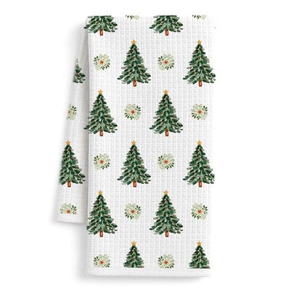 Christmas Tree Kitchen Towels - Farmhouse Holiday Wreath & Pine Design - 16x24 Inch - Variation of THIS listing