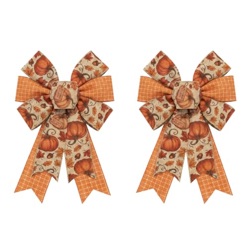 Fall Pumpkin Bows for Front Door Decor - 2 Pack Smaller Pumpkin Wreath Accents