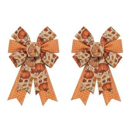 Fall Pumpkin Bows for Front Door Decor - 2 Pack Smaller Pumpkin Wreath Accents