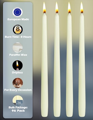 10 Inch Unscented Dripless Taper Candles Bulk 96 Pack Ivory