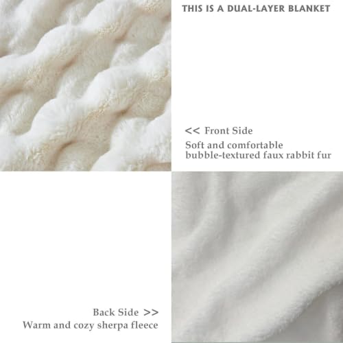 Cream White Faux Fur Throw Blanket 50x60 Plush Fuzzy Bubble for Sofa & Bedroom