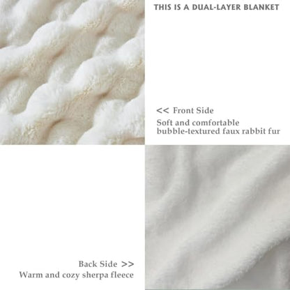 Cream White Faux Fur Throw Blanket 50x60 Plush Fuzzy Bubble for Sofa & Bedroom