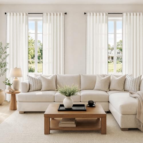 Cream Linen Semi Sheer Curtains 84 Inches Long - Pack of 2, Embroidered Trim