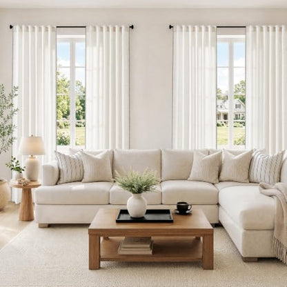 Cream Linen Semi Sheer Curtains 84 Inches Long - Pack of 2, Embroidered Trim