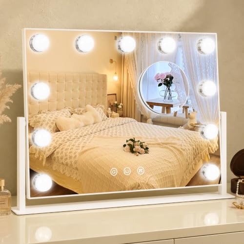 16-Inch Hollywood Vanity Mirror with Lights, 3 Color Modes, Dimmable Bulbs - White / 17"L x 13"W