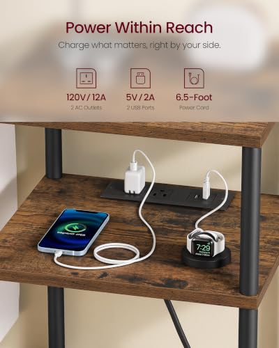 VASAGLE Rustic Brown & Ink Black 3-Tier Side Table with Charging Station